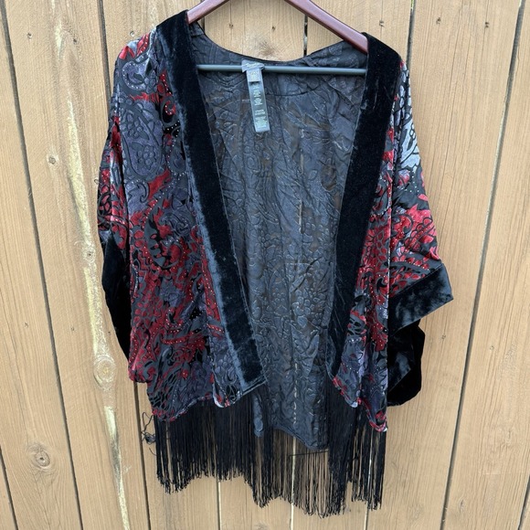 Chicos‎ Velvet Burnout Kimono Jacket in Red w/ Fringe Boho L/XL - Picture 1 of 8